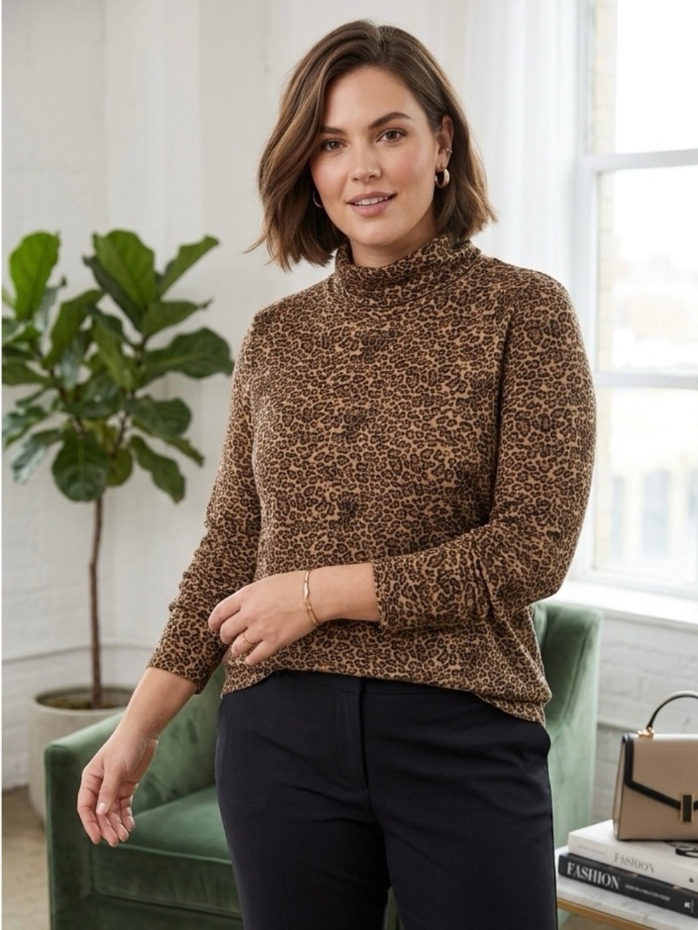 Jones New York Long Sleeve Turtleneck Leopard Brown Tan Size 2X
